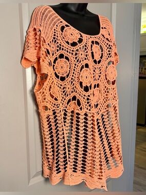 Peach Coral Crochet Top Cotton Beach Cover Festival Boho M/L
